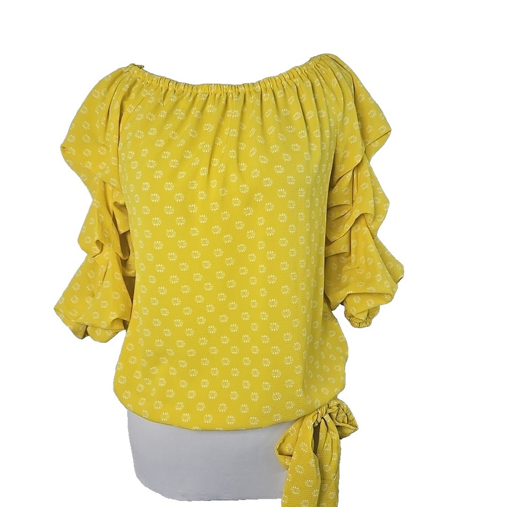 CeCe Yellow‎ Ruffle Sleeve Banded Bottom Neckline Blouse Top Size XS